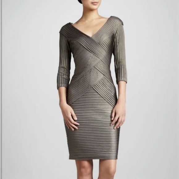 Tadashi Shoji Metallic Gray Ribbed V‑Neck Sheath Dress, Size XS, Fit Like S - Picture 1 of 10